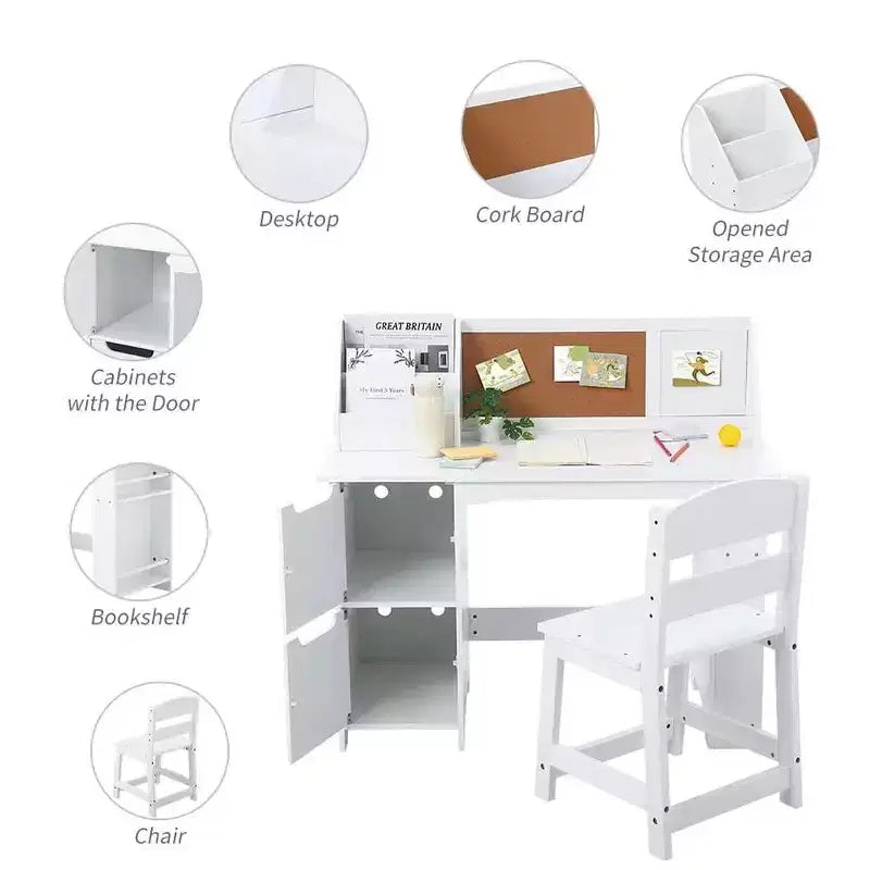 Kids Study Desk & Chair Set with Bookshelf & Bulletin Board - White Writing Table, Storage Cabinets, for Ages 3-8