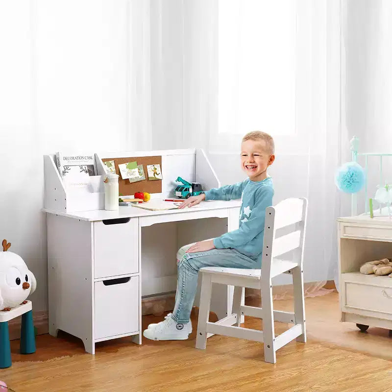 Kids Study Desk & Chair Set with Bookshelf & Bulletin Board - White Writing Table, Storage Cabinets, for Ages 3-8
