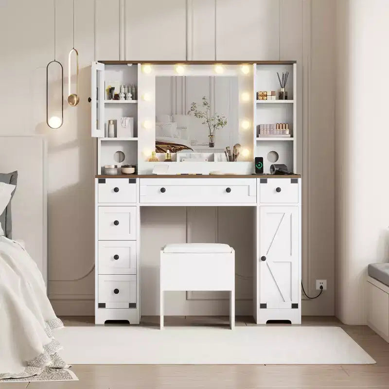 Makeup Vanity and Stool, Vanity Desk with Lights in 3 Colors, White Vanity Table with Charging Station, 6 Drawers and Cabinets