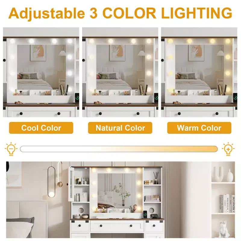 Makeup Vanity and Stool, Vanity Desk with Lights in 3 Colors, White Vanity Table with Charging Station, 6 Drawers and Cabinets