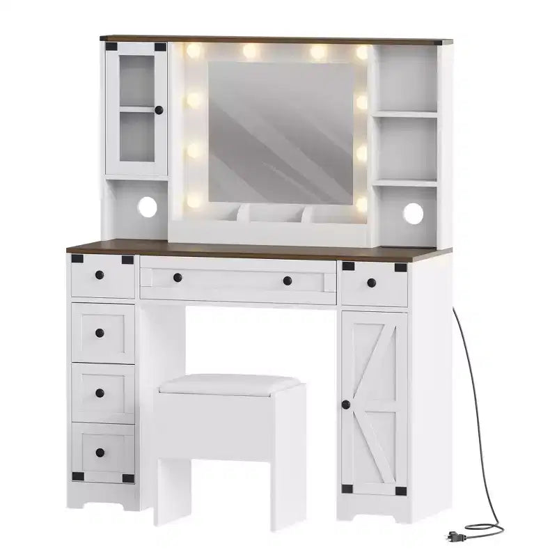 Makeup Vanity and Stool, Vanity Desk with Lights in 3 Colors, White Vanity Table with Charging Station, 6 Drawers and Cabinets