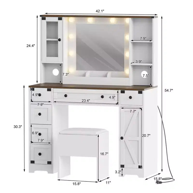 Makeup Vanity and Stool, Vanity Desk with Lights in 3 Colors, White Vanity Table with Charging Station, 6 Drawers and Cabinets