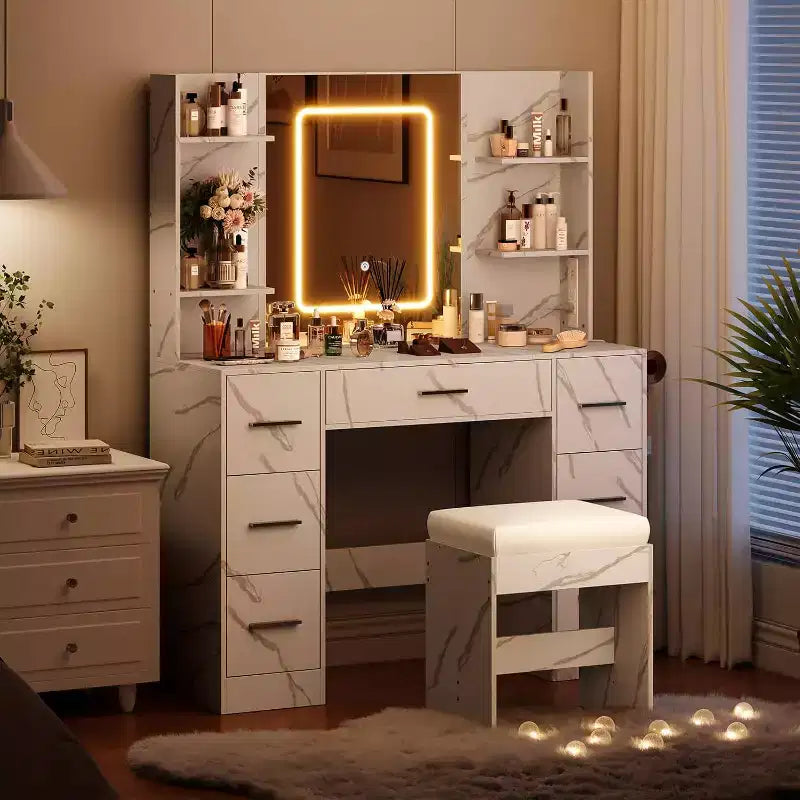 Vanity Desk, Makeup Vanity with Mirror and Chair, Hair Dryer Rack, 3 Lighting Modes Brightness