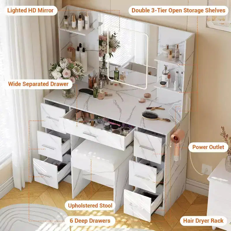Vanity Desk, Makeup Vanity with Mirror and Chair, Hair Dryer Rack, 3 Lighting Modes Brightness