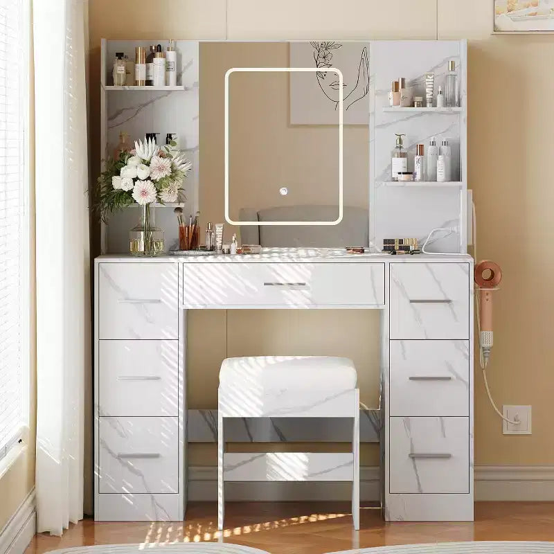 Vanity Desk, Makeup Vanity with Mirror and Chair, Hair Dryer Rack, 3 Lighting Modes Brightness