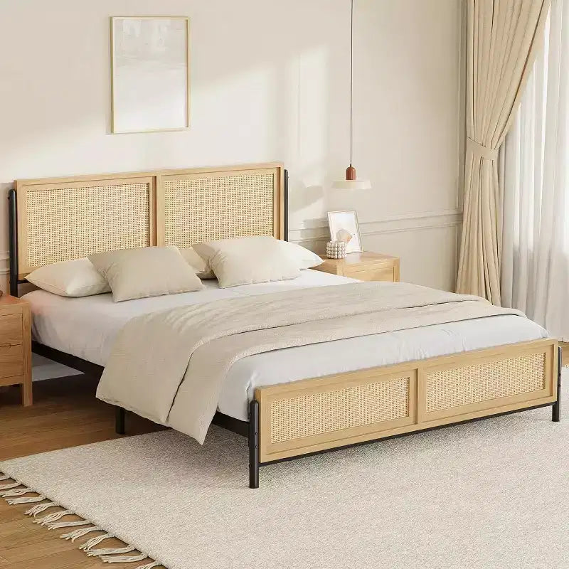 Boho Wooden Full/Queen/King Size Bed Frame with Natural Rattan Headboard and Footboard, No Box Spring Needed, Noise-Free Easy Assemble Metal Bedframe