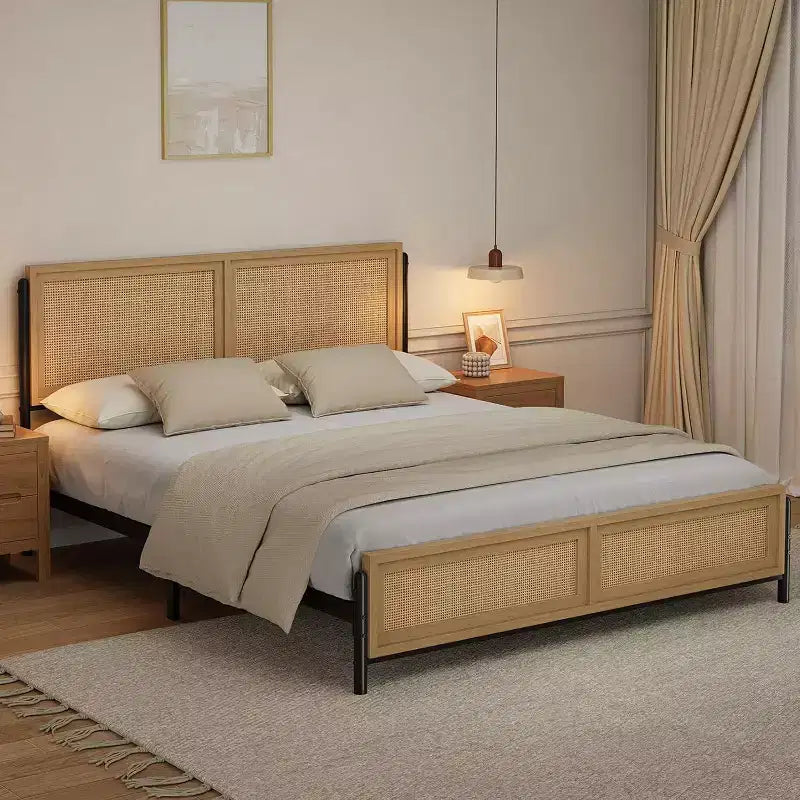 Boho Wooden Full/Queen/King Size Bed Frame with Natural Rattan Headboard and Footboard, No Box Spring Needed, Noise-Free Easy Assemble Metal Bedframe