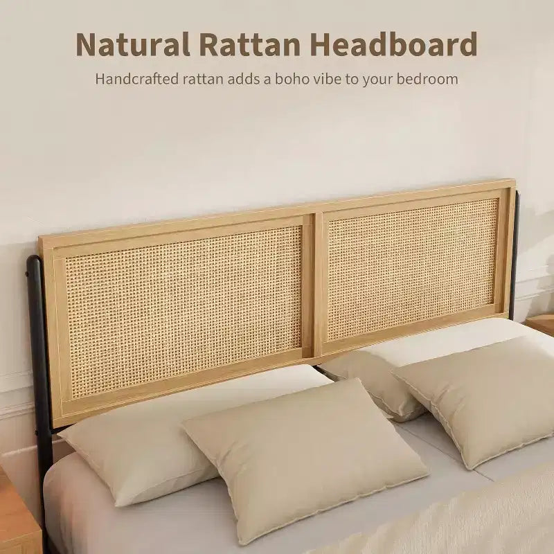 Boho Wooden Full/Queen/King Size Bed Frame with Natural Rattan Headboard and Footboard, No Box Spring Needed, Noise-Free Easy Assemble Metal Bedframe