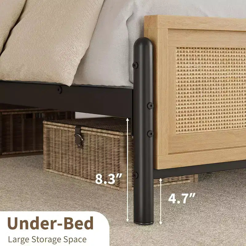 Boho Wooden Full/Queen/King Size Bed Frame with Natural Rattan Headboard and Footboard, No Box Spring Needed, Noise-Free Easy Assemble Metal Bedframe