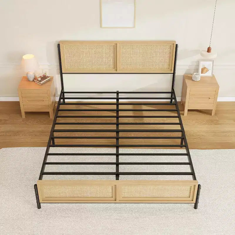 Boho Wooden Full/Queen/King Size Bed Frame with Natural Rattan Headboard and Footboard, No Box Spring Needed, Noise-Free Easy Assemble Metal Bedframe
