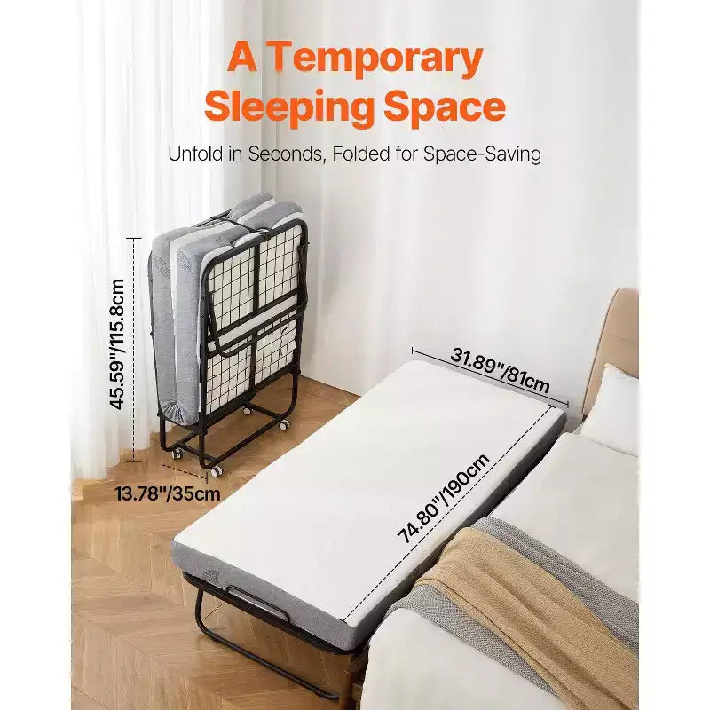 VEVOR Rollaway Bed, 31 in x 75 in Folding Bed with 4 in Mattress, Twin Size Foldable Bed with Sturdy Metal Frame & Memory Foam Mattress
