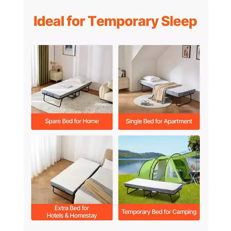 VEVOR Rollaway Bed, 31 in x 75 in Folding Bed with 4 in Mattress, Twin Size Foldable Bed with Sturdy Metal Frame & Memory Foam Mattress