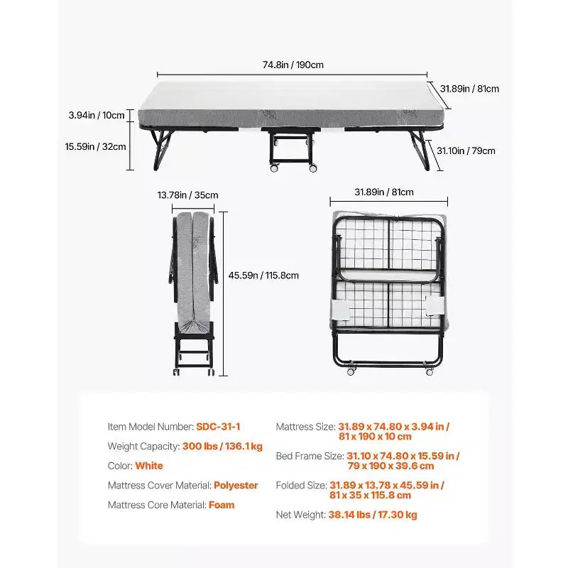 VEVOR Rollaway Bed, 31 in x 75 in Folding Bed with 4 in Mattress, Twin Size Foldable Bed with Sturdy Metal Frame & Memory Foam Mattress