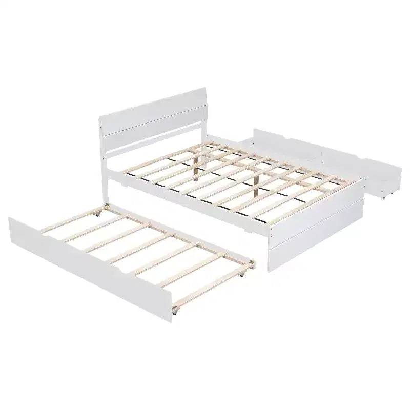 Twin/Full Size Platform Bed Frame with Twin Size Trundle / 2 Drawers, White/Light Oak-ModernLuxe