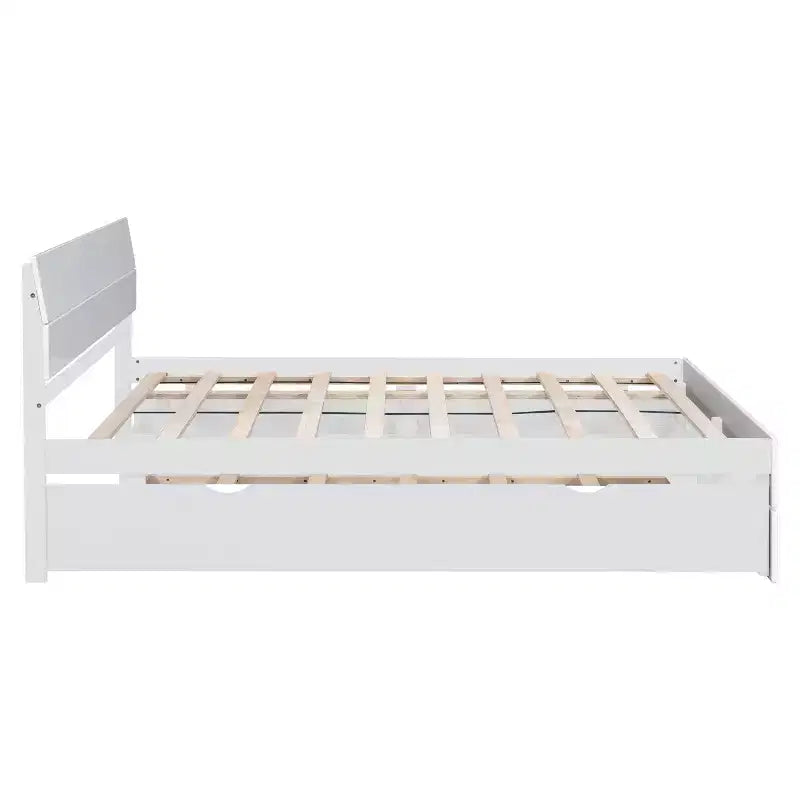 Twin/Full Size Platform Bed Frame with Twin Size Trundle / 2 Drawers, White/Light Oak-ModernLuxe