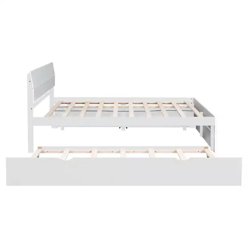 Twin/Full Size Platform Bed Frame with Twin Size Trundle / 2 Drawers, White/Light Oak-ModernLuxe