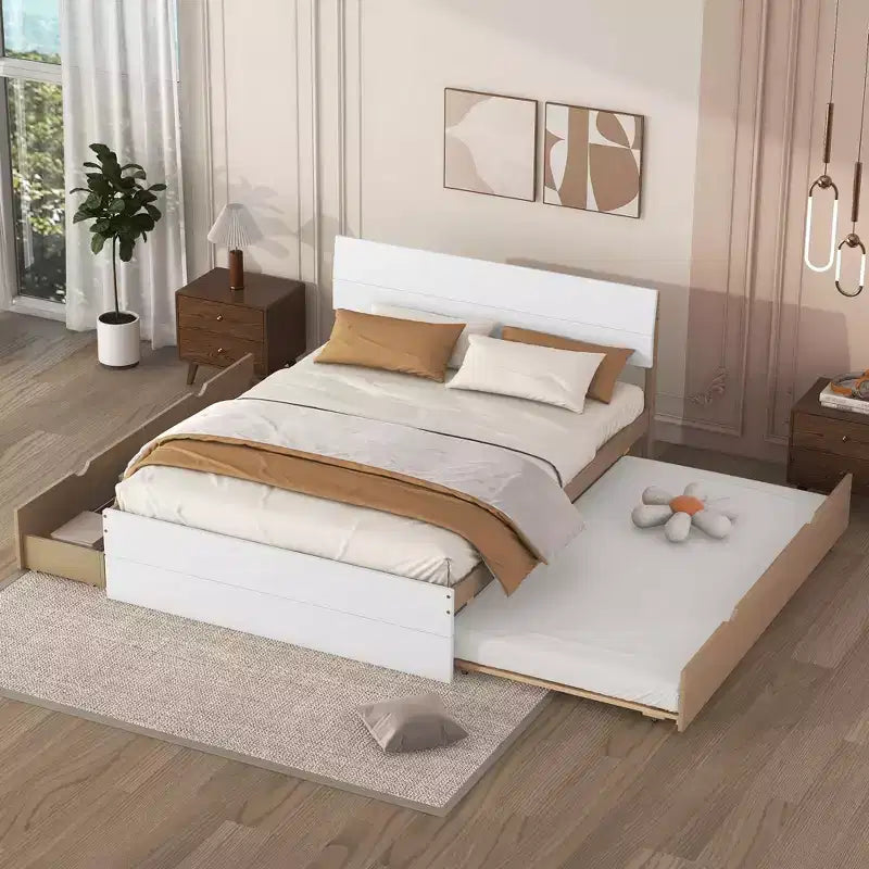 Twin/Full Size Platform Bed Frame with Twin Size Trundle / 2 Drawers, White/Light Oak-ModernLuxe