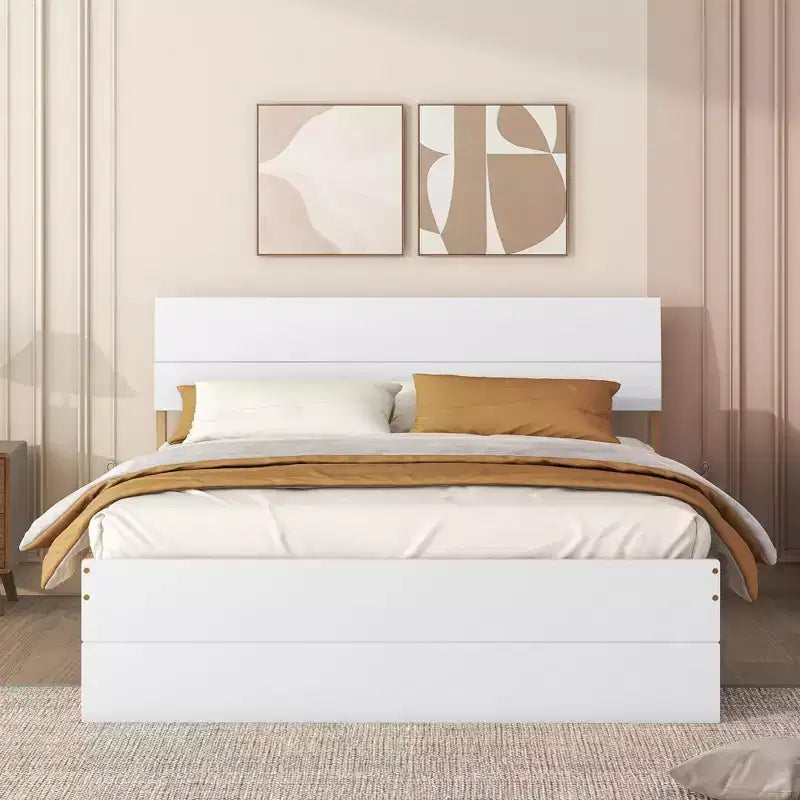Twin/Full Size Platform Bed Frame with Twin Size Trundle / 2 Drawers, White/Light Oak-ModernLuxe