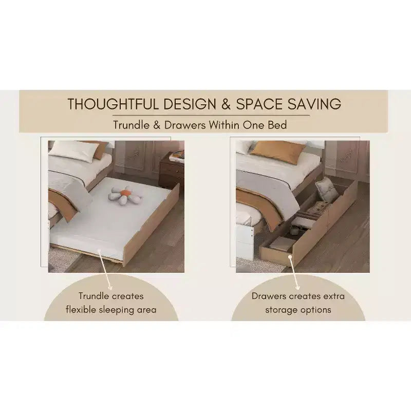 Twin/Full Size Platform Bed Frame with Twin Size Trundle / 2 Drawers, White/Light Oak-ModernLuxe
