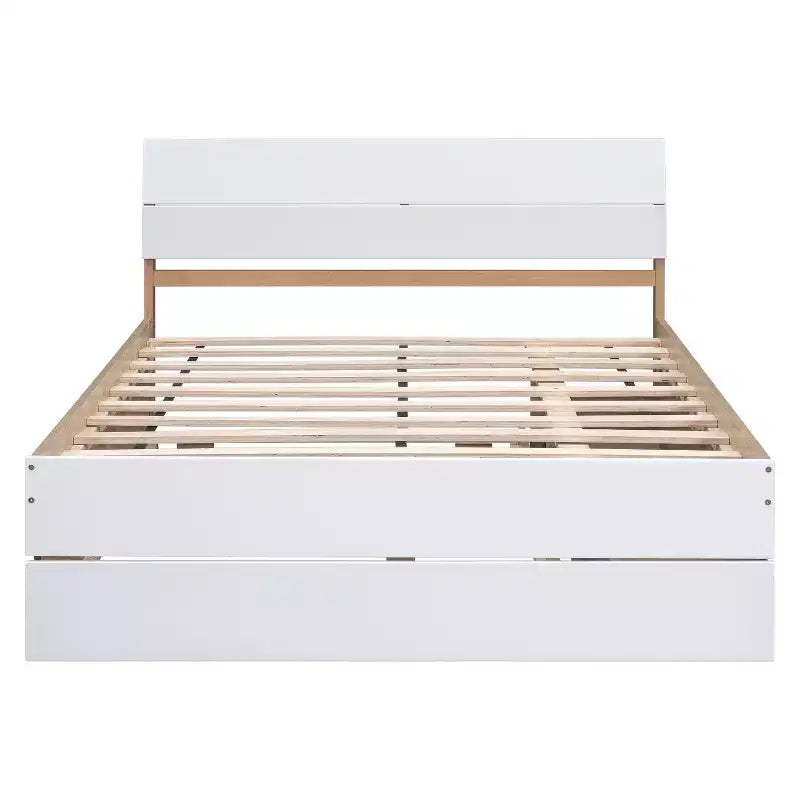 Twin/Full Size Platform Bed Frame with Twin Size Trundle / 2 Drawers, White/Light Oak-ModernLuxe