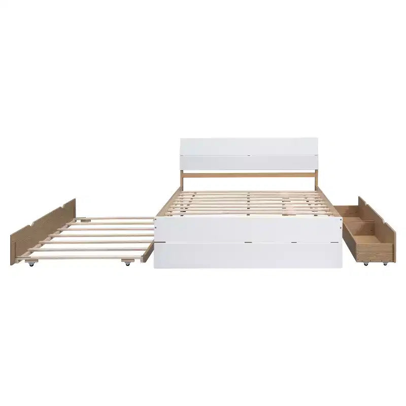 Twin/Full Size Platform Bed Frame with Twin Size Trundle / 2 Drawers, White/Light Oak-ModernLuxe