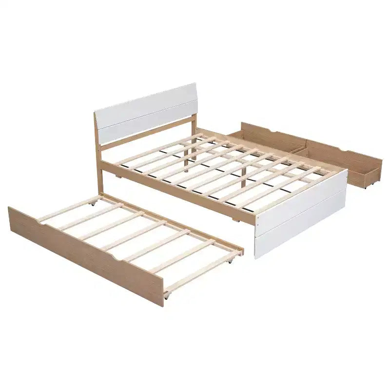 Twin/Full Size Platform Bed Frame with Twin Size Trundle / 2 Drawers, White/Light Oak-ModernLuxe