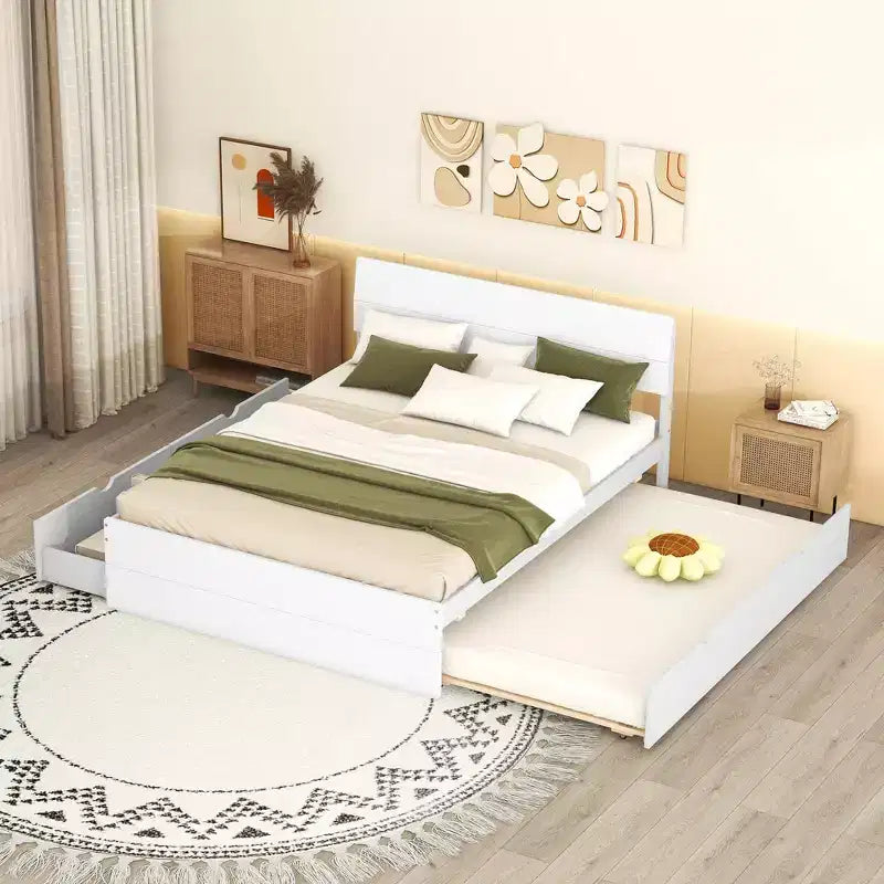 Twin/Full Size Platform Bed Frame with Twin Size Trundle / 2 Drawers, White/Light Oak-ModernLuxe