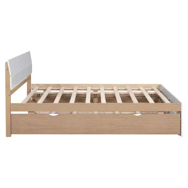 Twin/Full Size Platform Bed Frame with Twin Size Trundle / 2 Drawers, White/Light Oak-ModernLuxe
