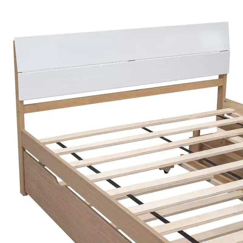 Twin/Full Size Platform Bed Frame with Twin Size Trundle / 2 Drawers, White/Light Oak-ModernLuxe