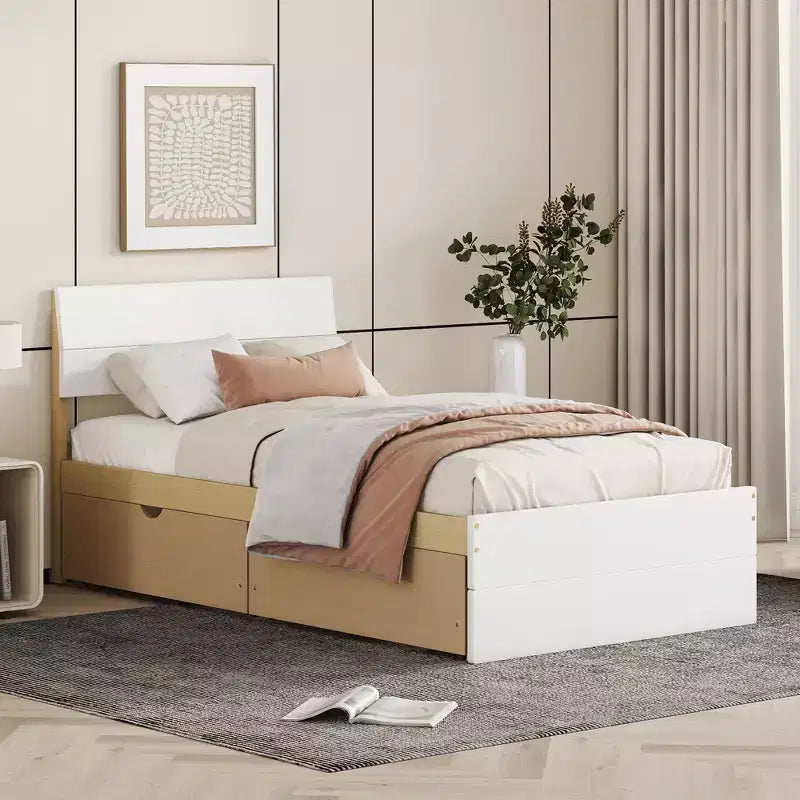 Twin/Full Size Platform Bed Frame with Twin Size Trundle / 2 Drawers, White/Light Oak-ModernLuxe