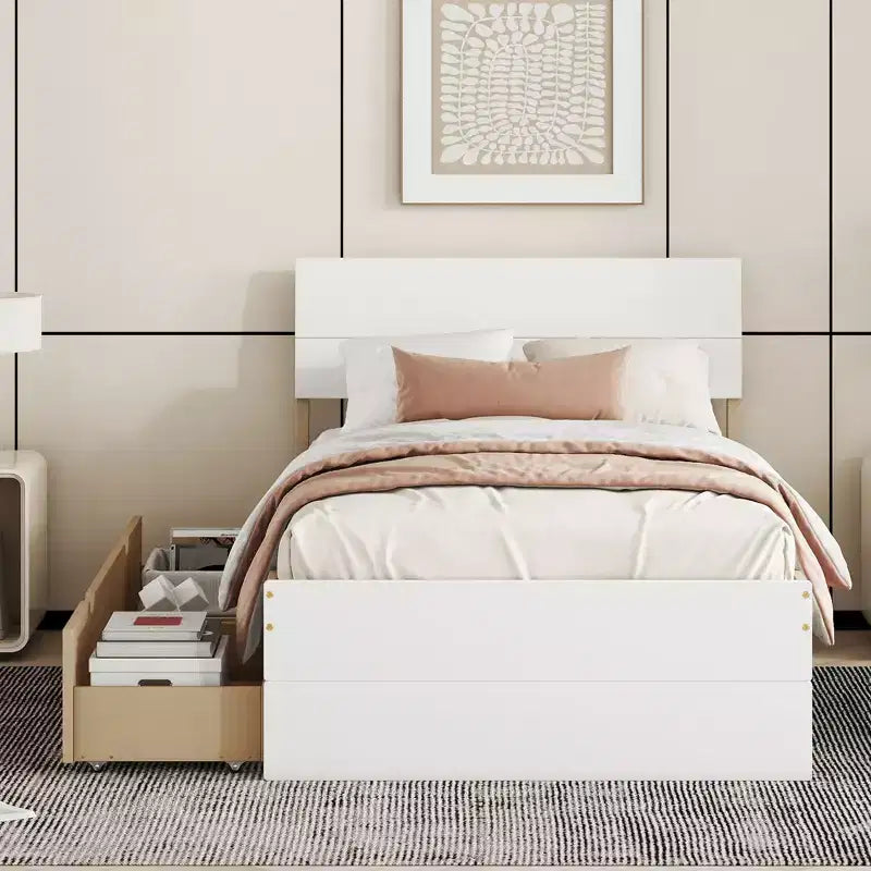Twin/Full Size Platform Bed Frame with Twin Size Trundle / 2 Drawers, White/Light Oak-ModernLuxe