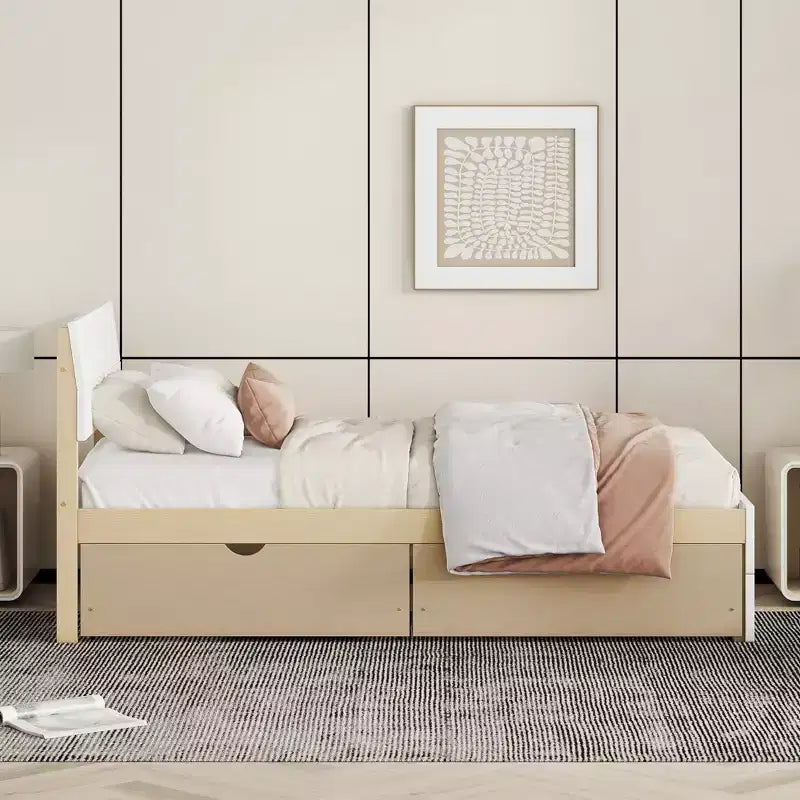 Twin/Full Size Platform Bed Frame with Twin Size Trundle / 2 Drawers, White/Light Oak-ModernLuxe