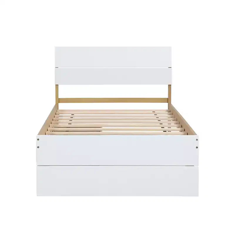 Twin/Full Size Platform Bed Frame with Twin Size Trundle / 2 Drawers, White/Light Oak-ModernLuxe