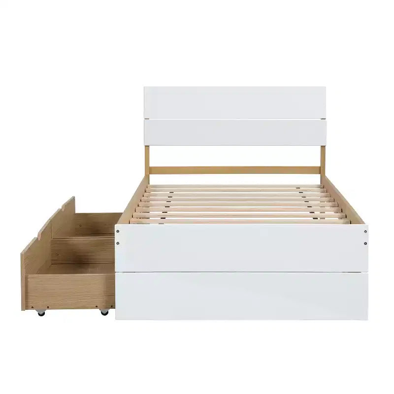 Twin/Full Size Platform Bed Frame with Twin Size Trundle / 2 Drawers, White/Light Oak-ModernLuxe