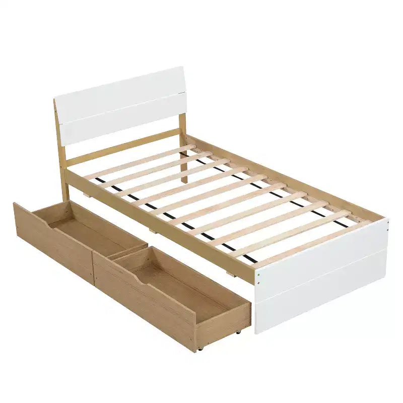 Twin/Full Size Platform Bed Frame with Twin Size Trundle / 2 Drawers, White/Light Oak-ModernLuxe