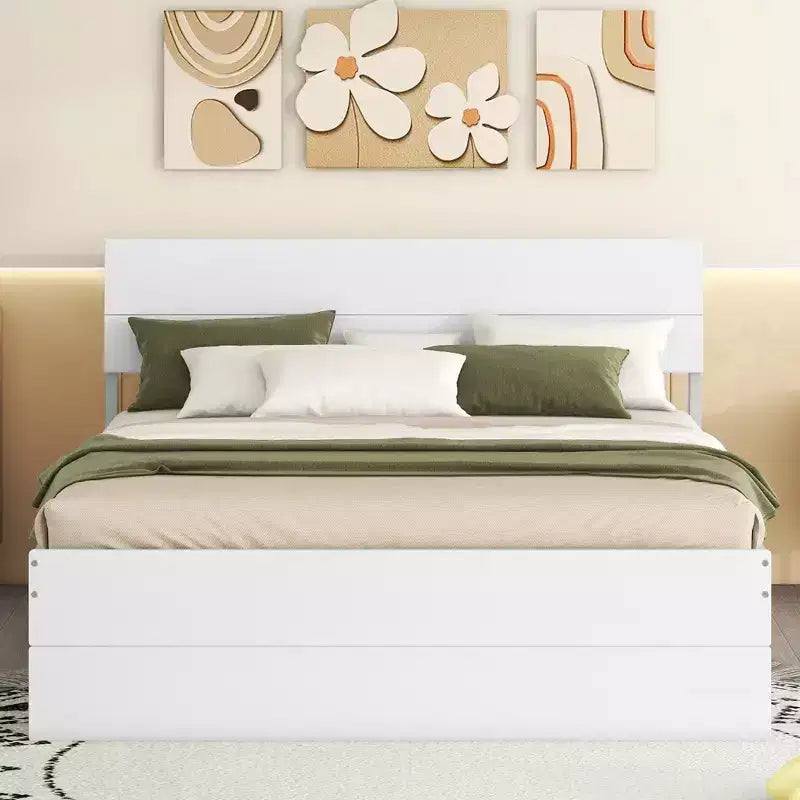 Twin/Full Size Platform Bed Frame with Twin Size Trundle / 2 Drawers, White/Light Oak-ModernLuxe