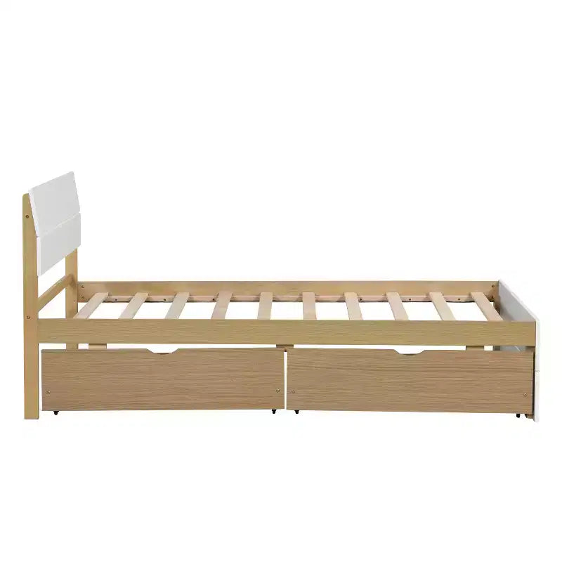 Twin/Full Size Platform Bed Frame with Twin Size Trundle / 2 Drawers, White/Light Oak-ModernLuxe