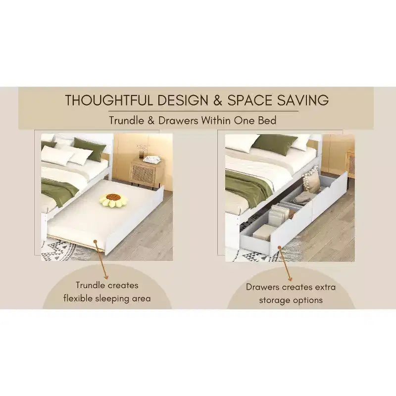 Twin/Full Size Platform Bed Frame with Twin Size Trundle / 2 Drawers, White/Light Oak-ModernLuxe
