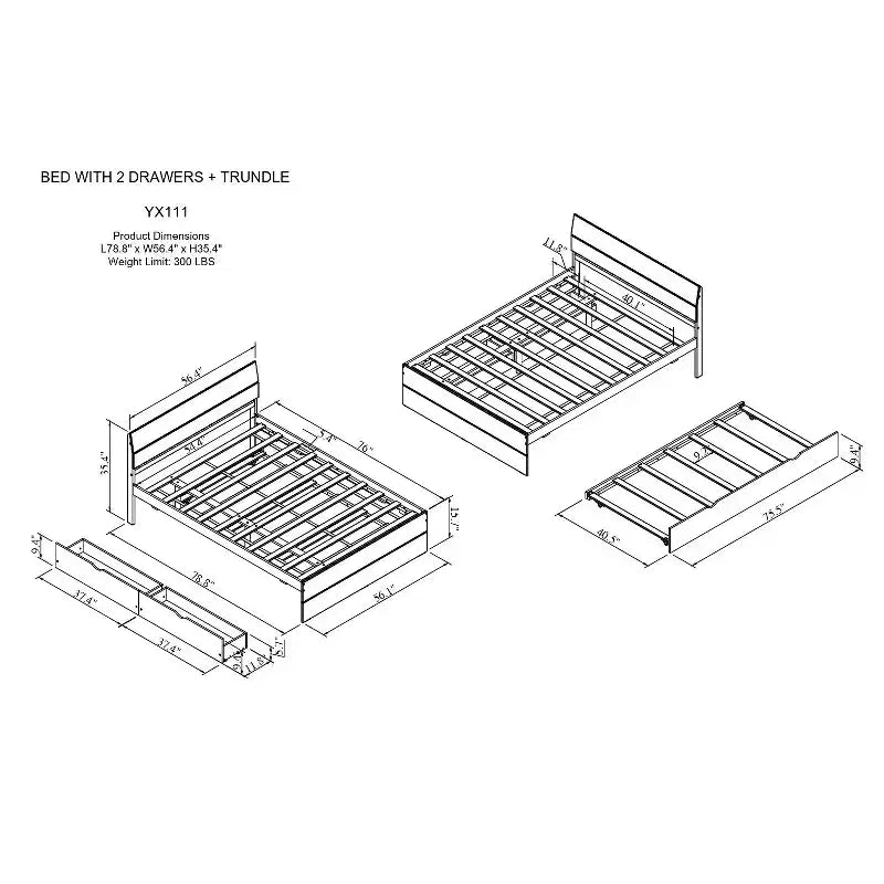 Twin/Full Size Platform Bed Frame with Twin Size Trundle / 2 Drawers, White/Light Oak-ModernLuxe