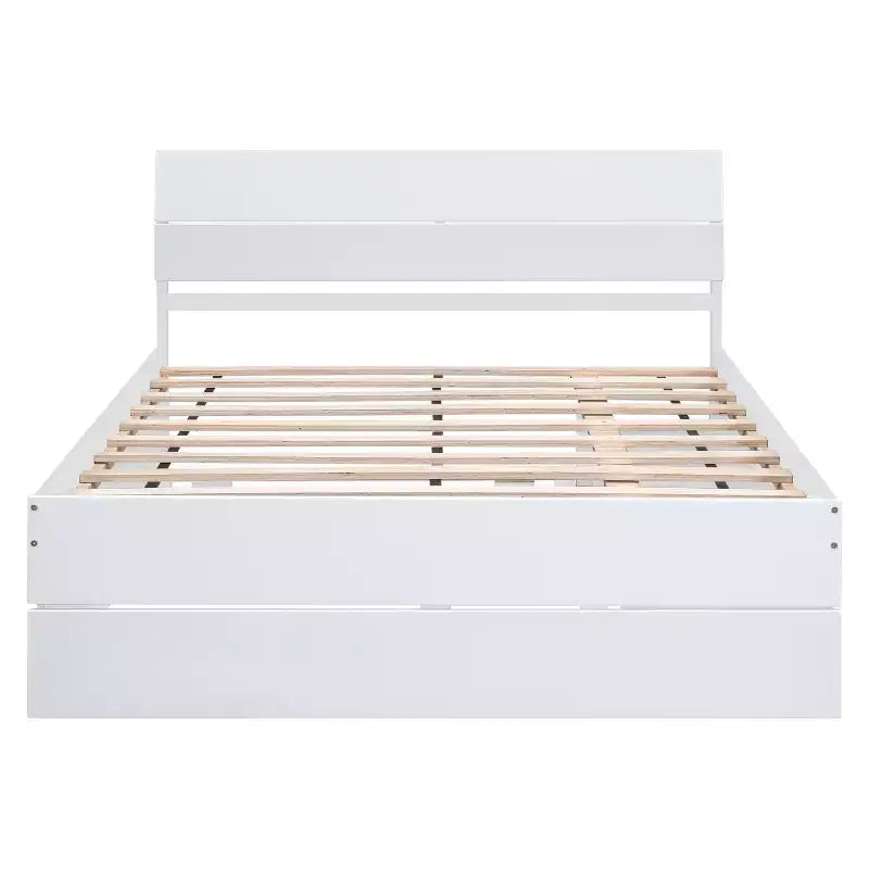Twin/Full Size Platform Bed Frame with Twin Size Trundle / 2 Drawers, White/Light Oak-ModernLuxe
