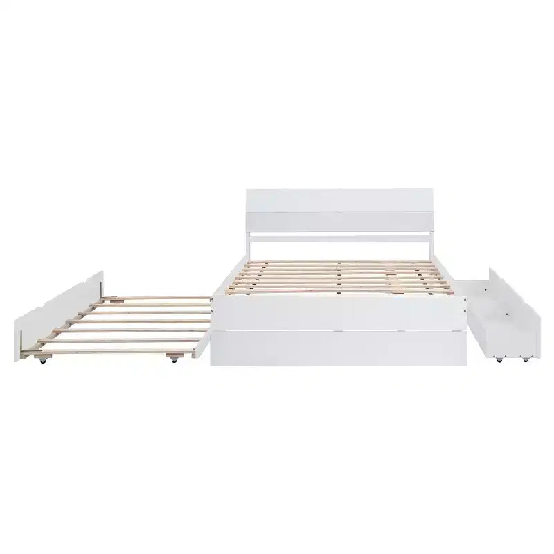 Twin/Full Size Platform Bed Frame with Twin Size Trundle / 2 Drawers, White/Light Oak-ModernLuxe