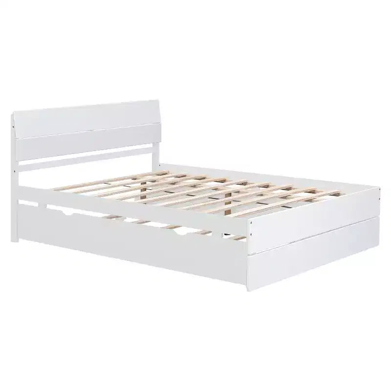 Twin/Full Size Platform Bed Frame with Twin Size Trundle / 2 Drawers, White/Light Oak-ModernLuxe