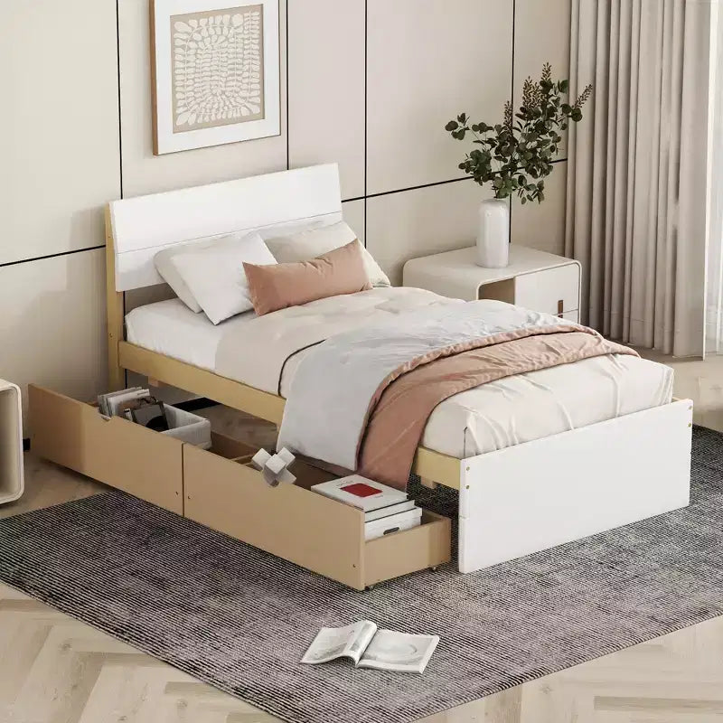 Twin/Full Size Platform Bed Frame with Twin Size Trundle / 2 Drawers, White/Light Oak-ModernLuxe