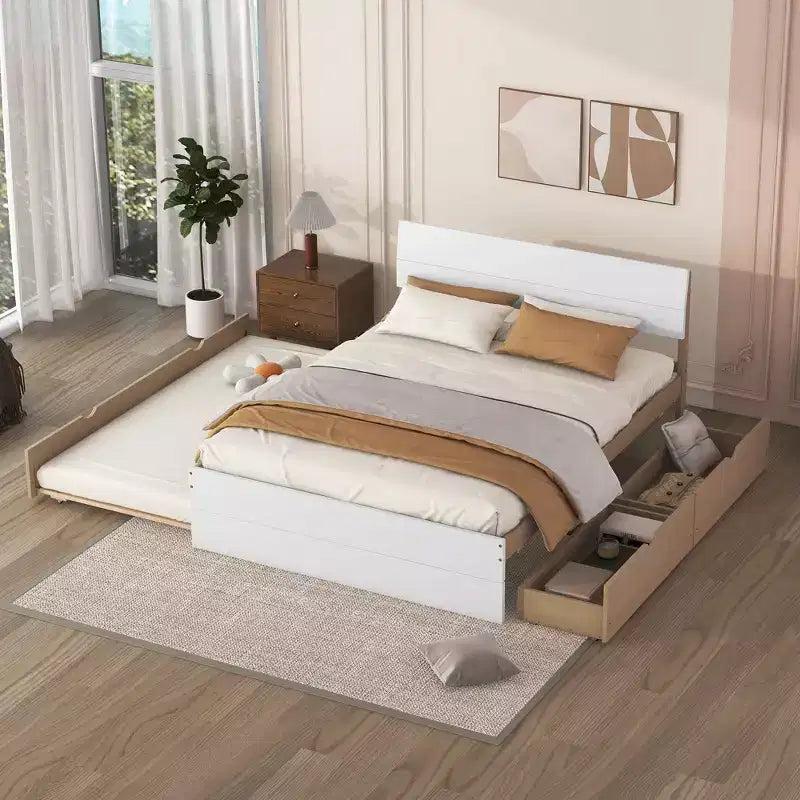 Twin/Full Size Platform Bed Frame with Twin Size Trundle / 2 Drawers, White/Light Oak-ModernLuxe