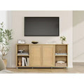 70 Mid-Century TV Stand with Rattan Door Cabinet and Open Shelf, Natural Wooden and MDF Board Media Console, Boho TV Consoles for Living Room