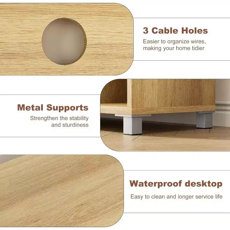 Meuble TV 70 po milieu de siècle avec armoire à portes en rotin et étagère ouverte, meuble console média en bois naturel et panneau MDF, consoles TV bohèmes pour salon