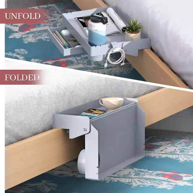 Tree City Clip-On Bedside Shelf for Beds & Bunks - Foldable Nightstand with Cup Holder & Cord Organizer