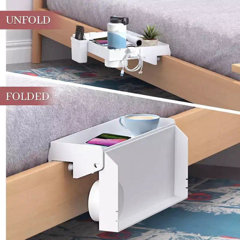 Tree City Clip-On Bedside Shelf for Beds & Bunks - Foldable Nightstand with Cup Holder & Cord Organizer