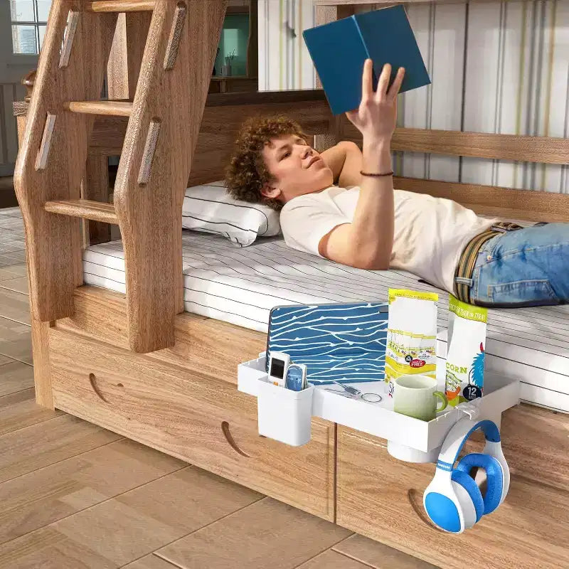 Tree City Clip-On Bedside Shelf for Beds & Bunks - Foldable Nightstand with Cup Holder & Cord Organizer