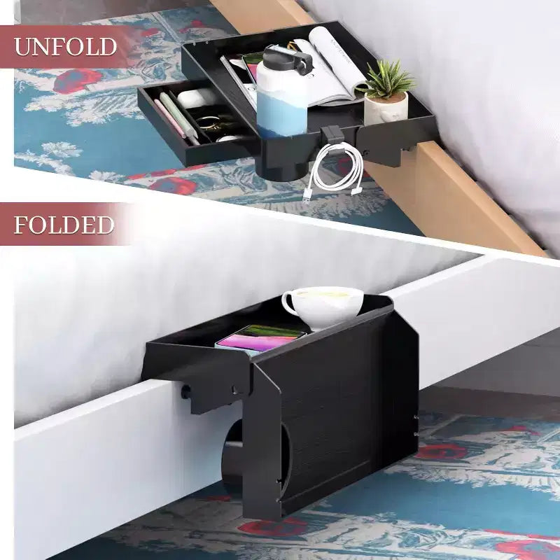 Tree City Clip-On Bedside Shelf for Beds & Bunks - Foldable Nightstand with Cup Holder & Cord Organizer
